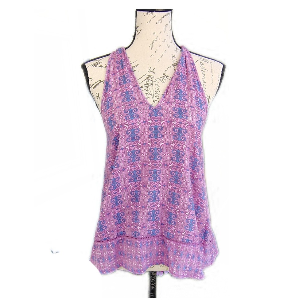 O'Niel Womens Boho V-Neck Purple Tank Top Small Summer Beach %100 Cotton